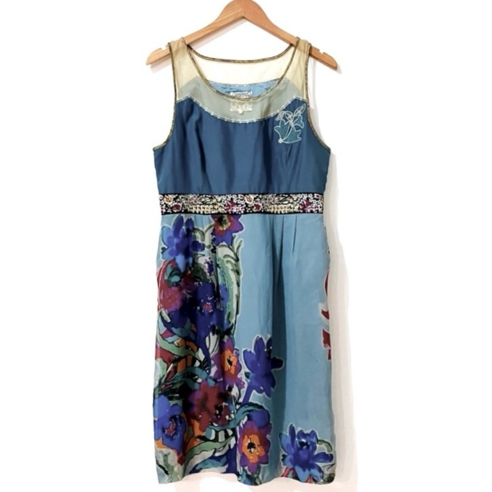 Anthropologie Floreat Watercolor, Embroidery, Gold Sleeveless Dress w/ Pockets